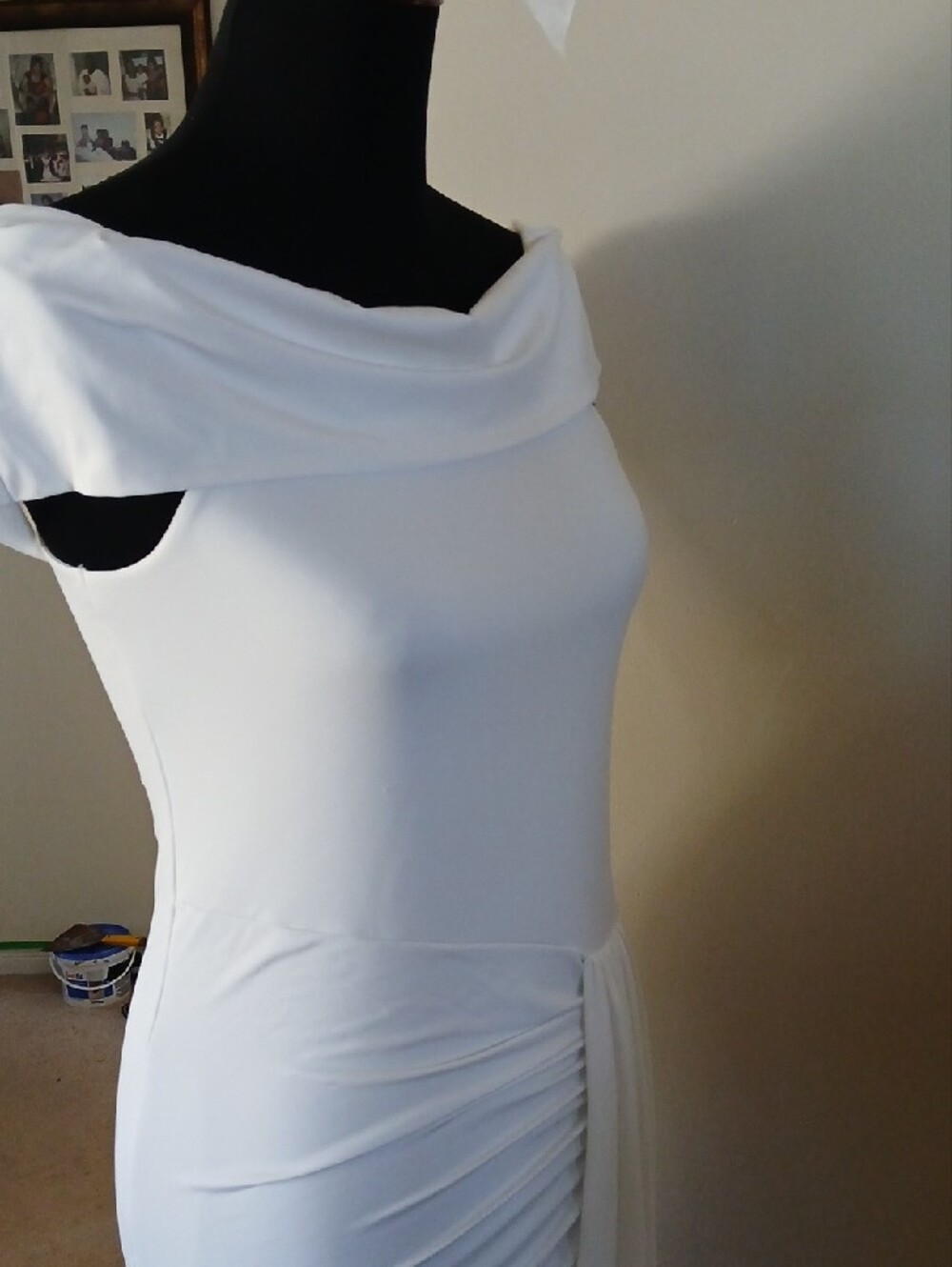 Off-Shoulder White Ruched Maxi Dress - Picture 2 of 13